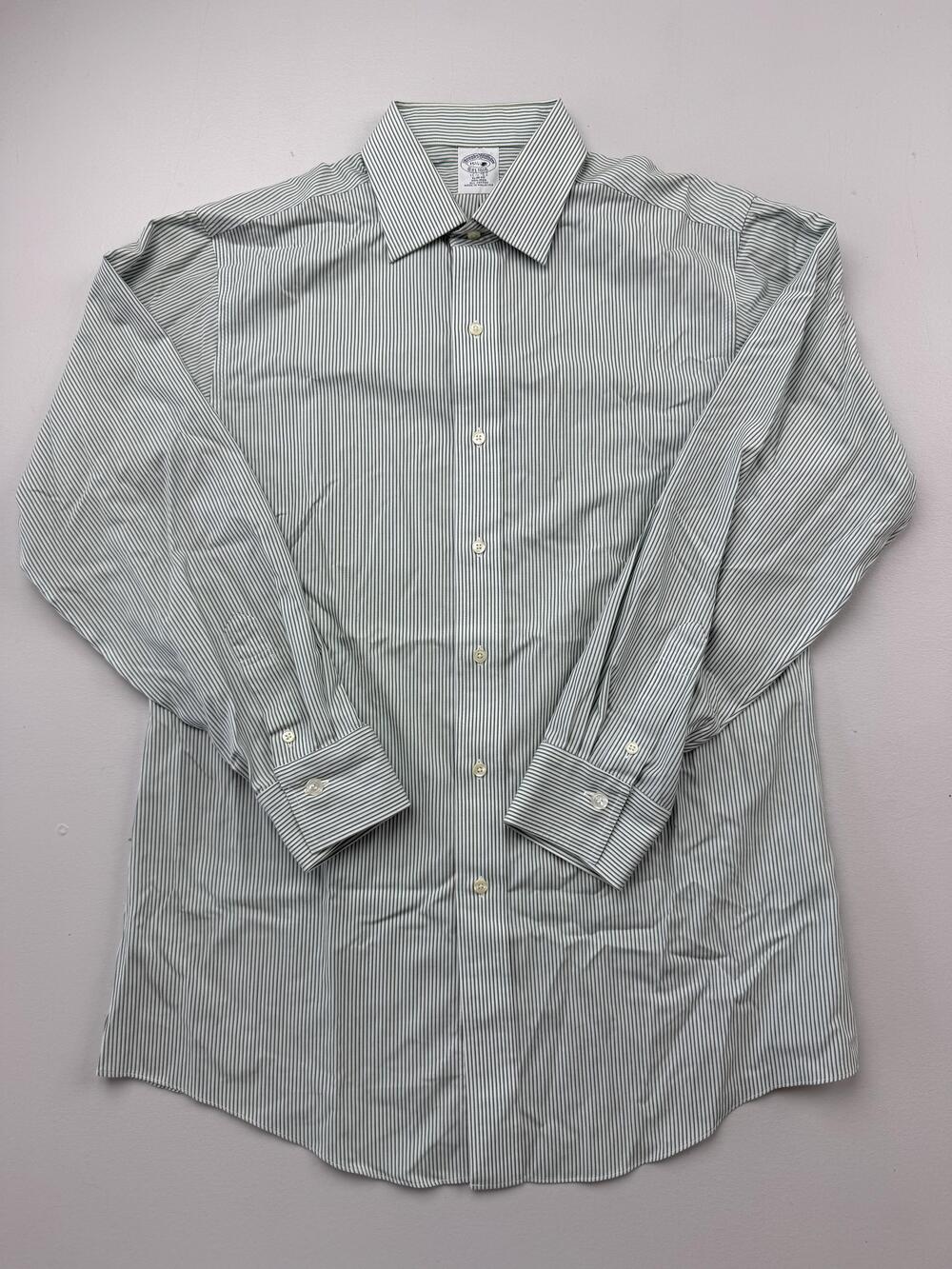 Brooks Brothers Dress Shirt Mens 15.5 34/35 Green Stripe Slim Fit Non Iron